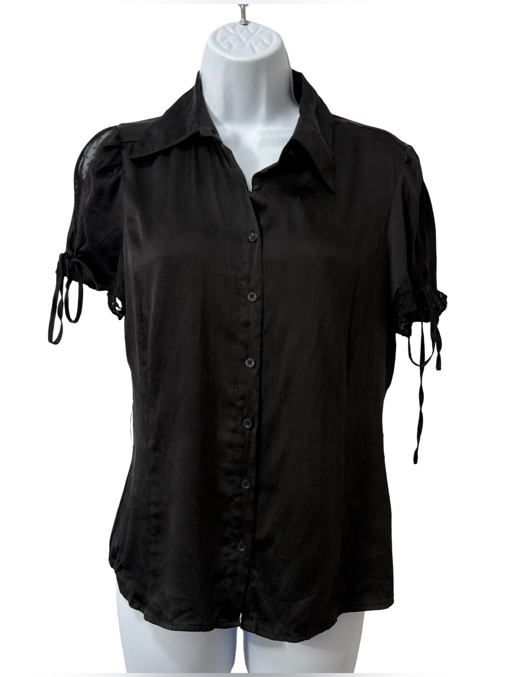 Bebe Y2K Black Silk Button Down Shoulder lace Detail Size Medium